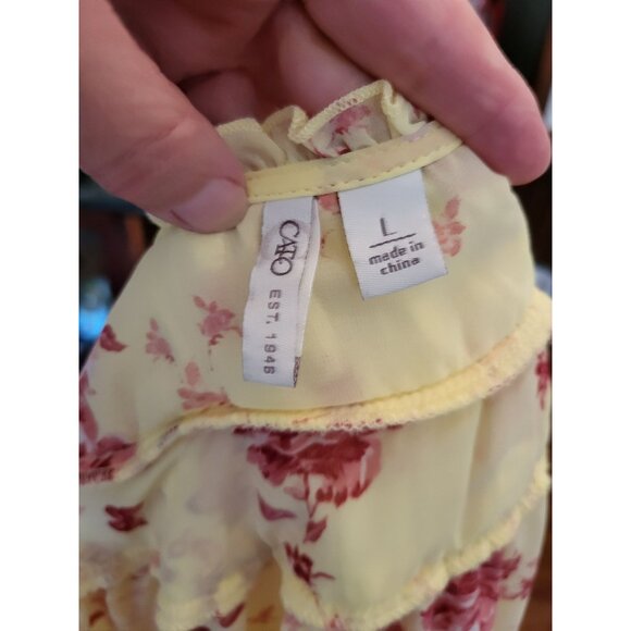 Yellow/Pink Floral Ruffle Blouse Flowy Butterflies sz L Cottage Fairy Coquette - Picture 8 of 8